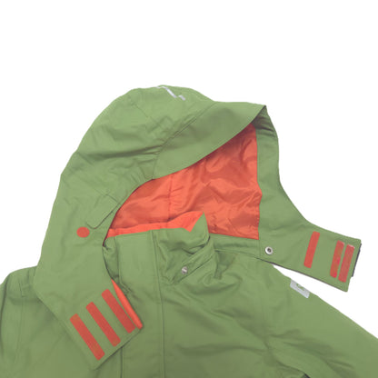 An olive green hooded jacket with a bright orange interior hood lining and hook-and-loop fastener