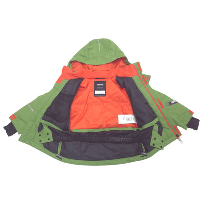 A hooded winter jacket shown open against a plain white background, with an olive green outer shell, a bright orange inner lining.