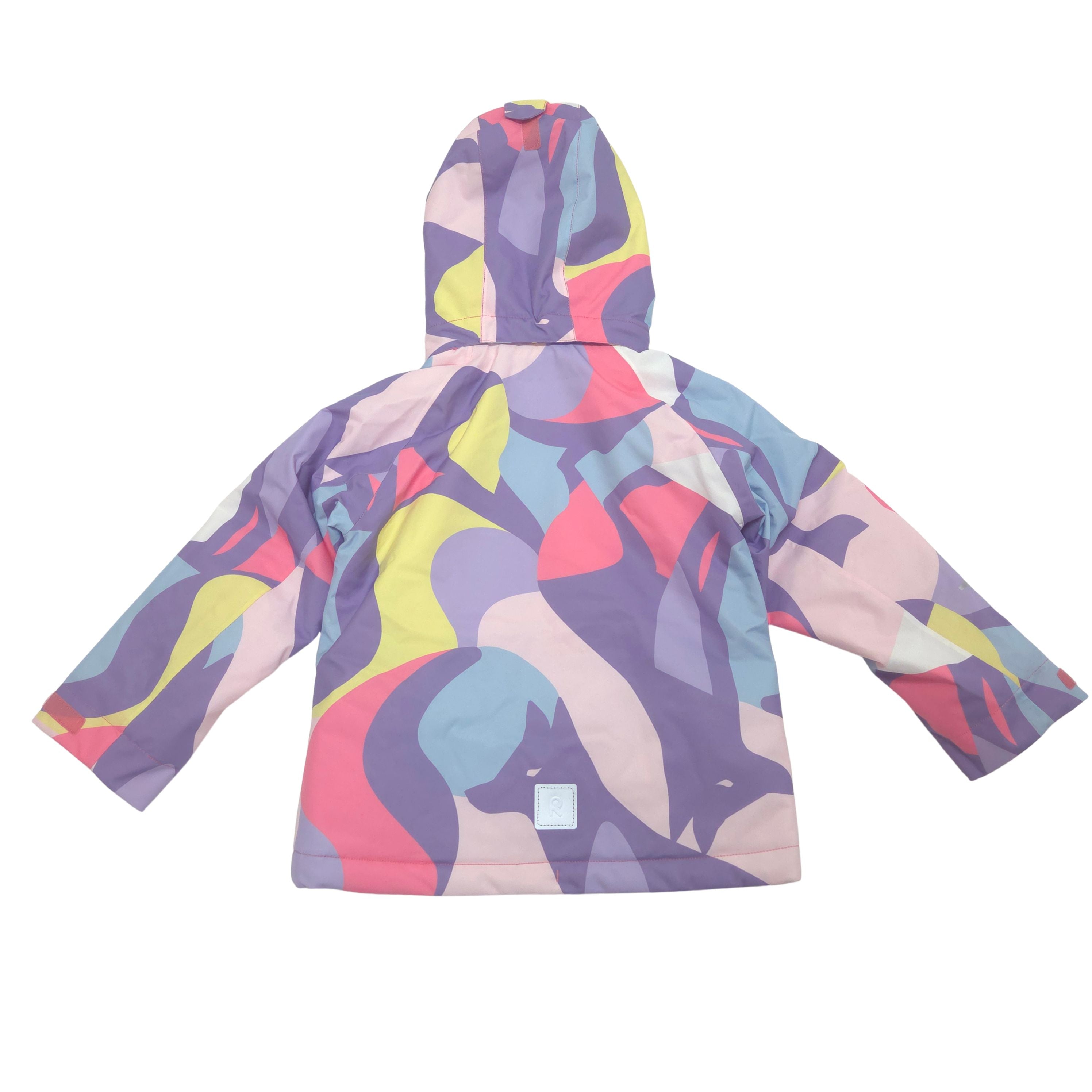 A hooded children's jacket shown from the back, featuring an abstract, organic wavy pattern in purple, pink, yellow, and blue on a white background.