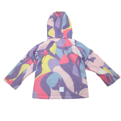 A hooded children's jacket shown from the back, featuring an abstract, organic wavy pattern in purple, pink, yellow, and blue on a white background.