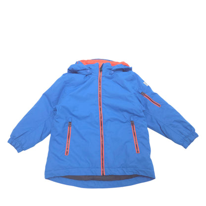 A blue hooded children's ski winter jacket with bright orange-red zipper and lining accents, displayed flat against a plain white background.