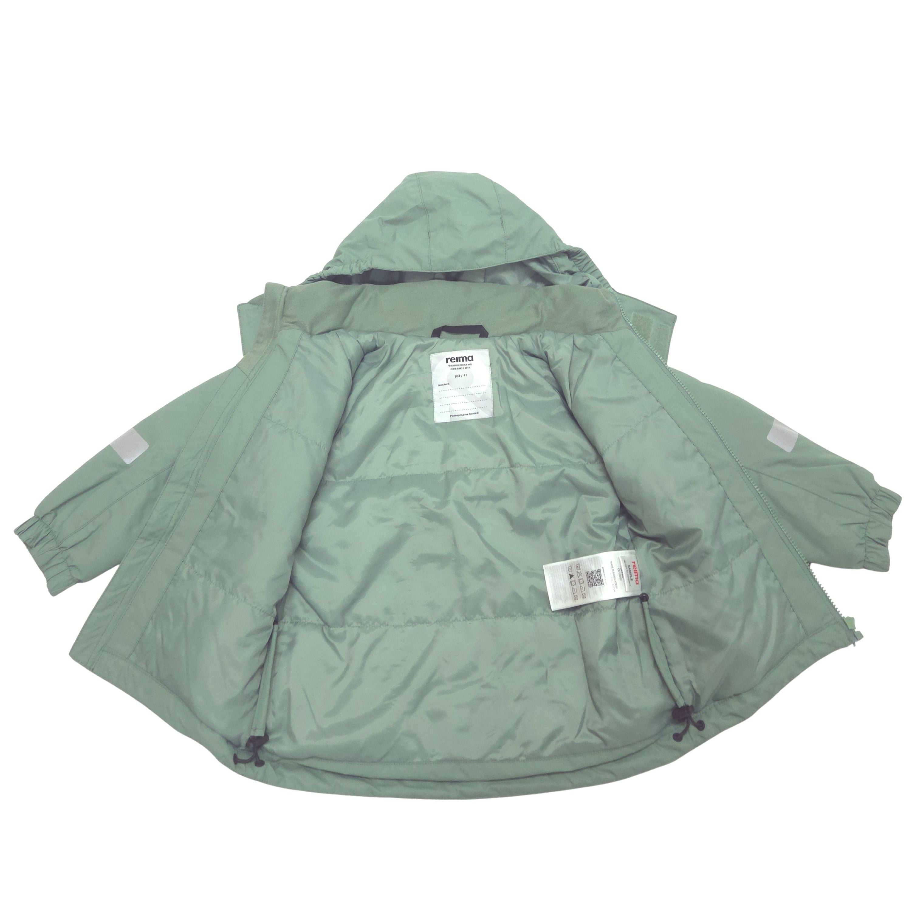 A sage green hooded winter jacket laid flat against a white background, showing the interior lining.