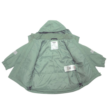 A sage green hooded winter jacket laid flat against a white background, showing the interior lining.