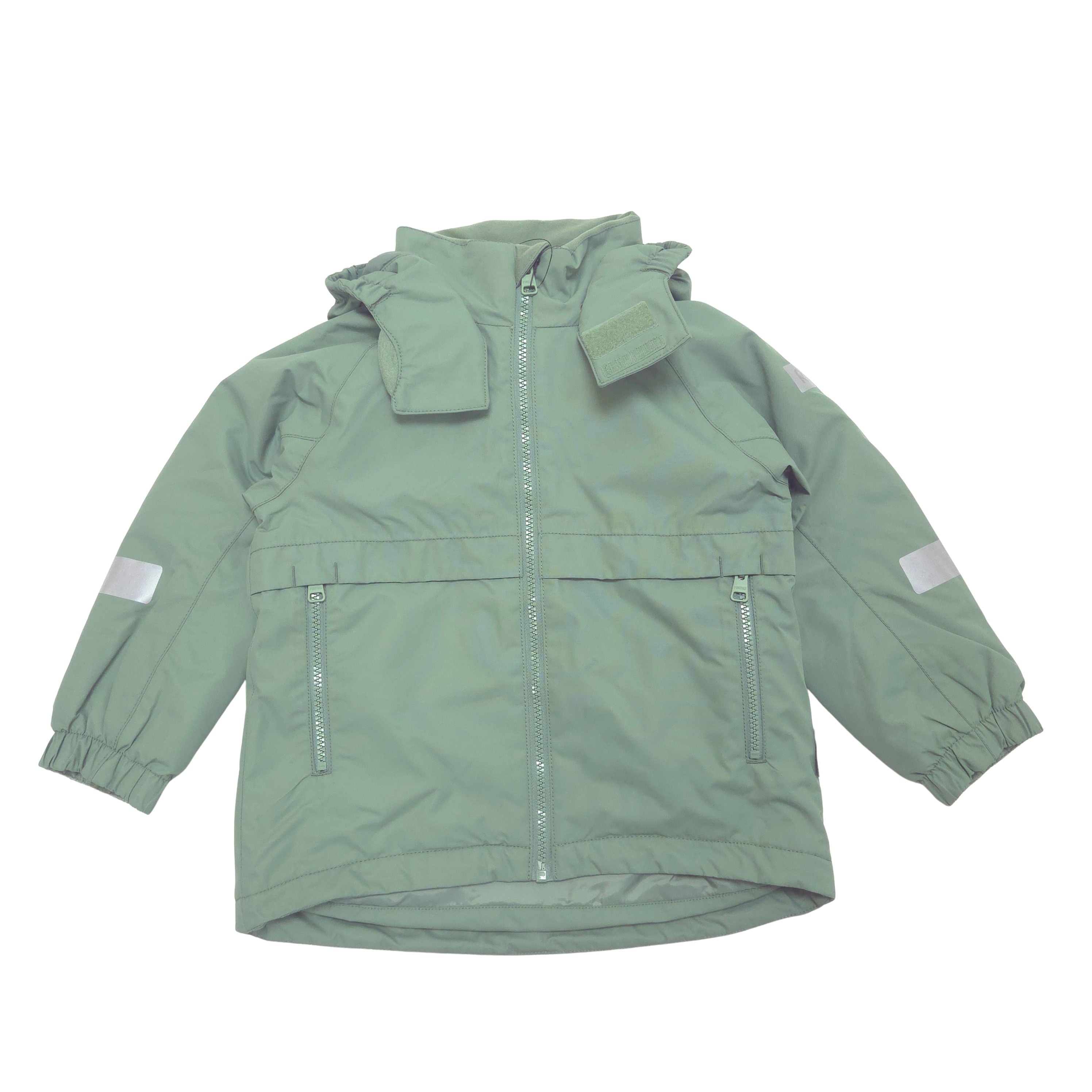 A sage green hooded winter jacket with reflective silver stripes on sleeve, laid flat on a white background.
