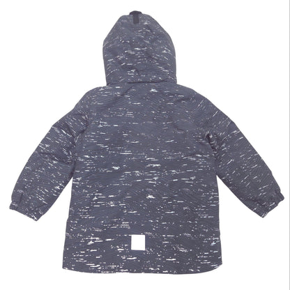 A hooded winter jacket with a reflective heathered pattern