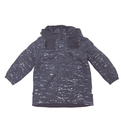 A hooded winter jacket with a reflective heathered pattern, laid flat against a solid white background.