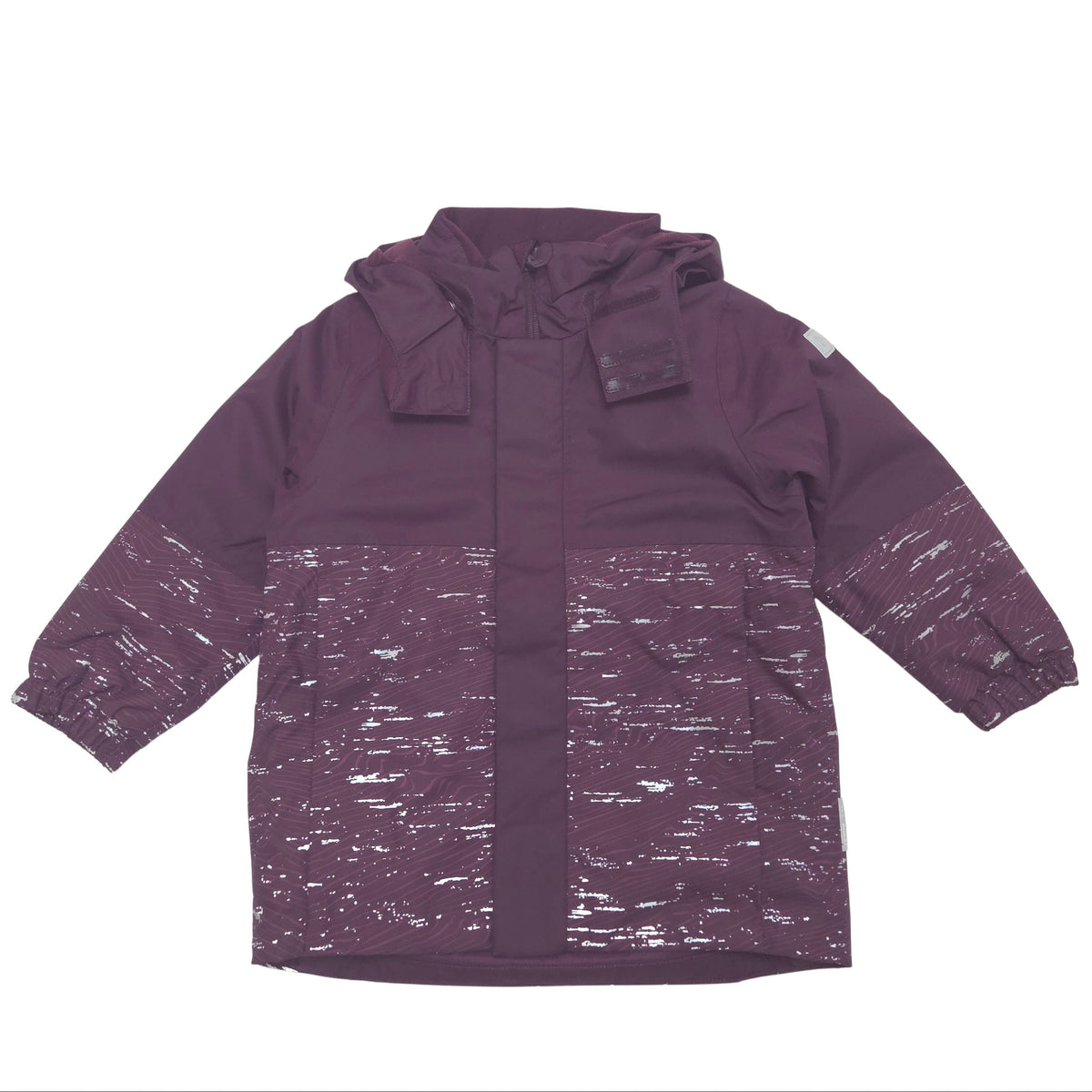A hooded children's winter jacket in a deep plum purple color, featuring a solid purple upper section and sleeves, and a contrasting white and purple heathered patterned lower section.