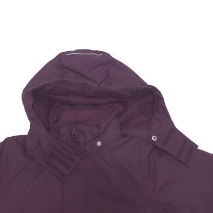 A close-up of a dark purple hooded jacket, showing the hood details