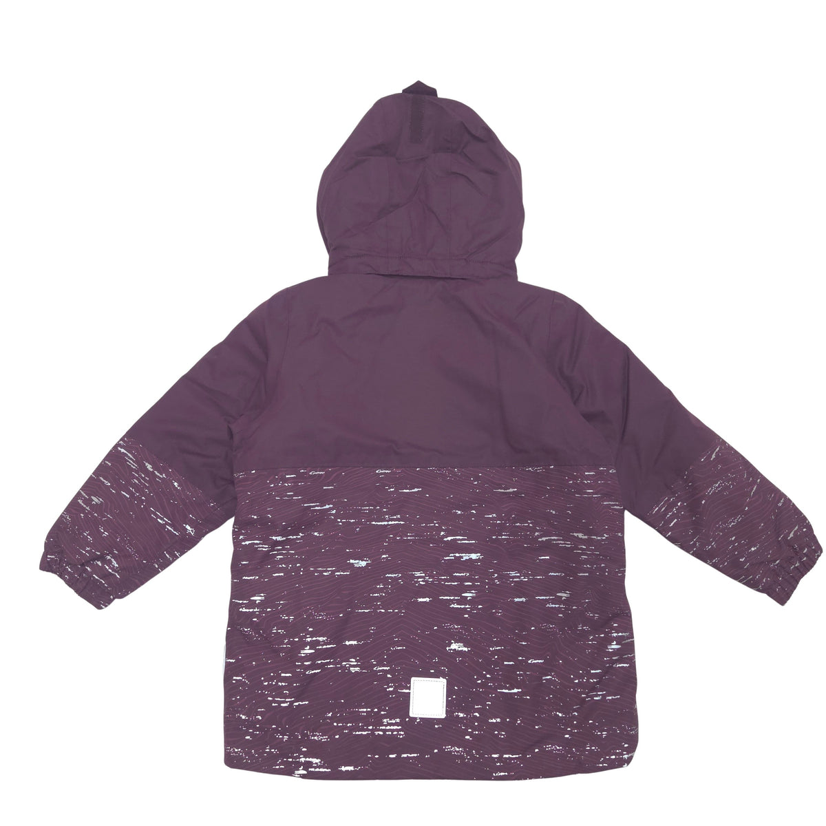 A hooded children's winter jacket in a deep plum purple color, featuring a solid purple upper section and sleeves, and a contrasting white and purple heathered patterned lower section back image