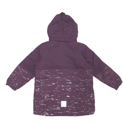 A hooded children's winter jacket in a deep plum purple color, featuring a solid purple upper section and sleeves, and a contrasting white and purple heathered patterned lower section back image