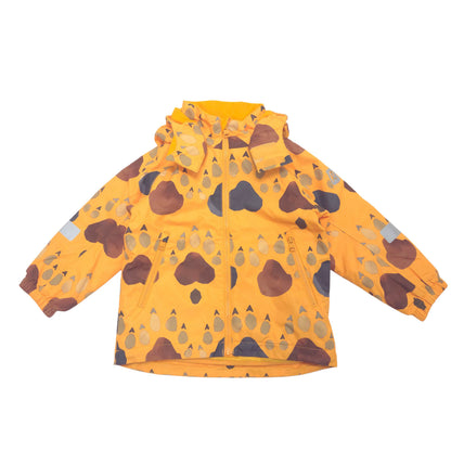 A children's hooded winter jacket in bright yellow with a brown, gray, and beige animal footprint pattern, laid flat on a white background.