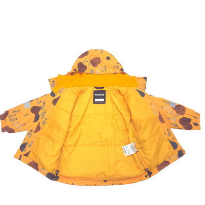 A bright yellow hooded winter jacket with brown, gray, and black animal footprint pattern, shown flat against a white background. 