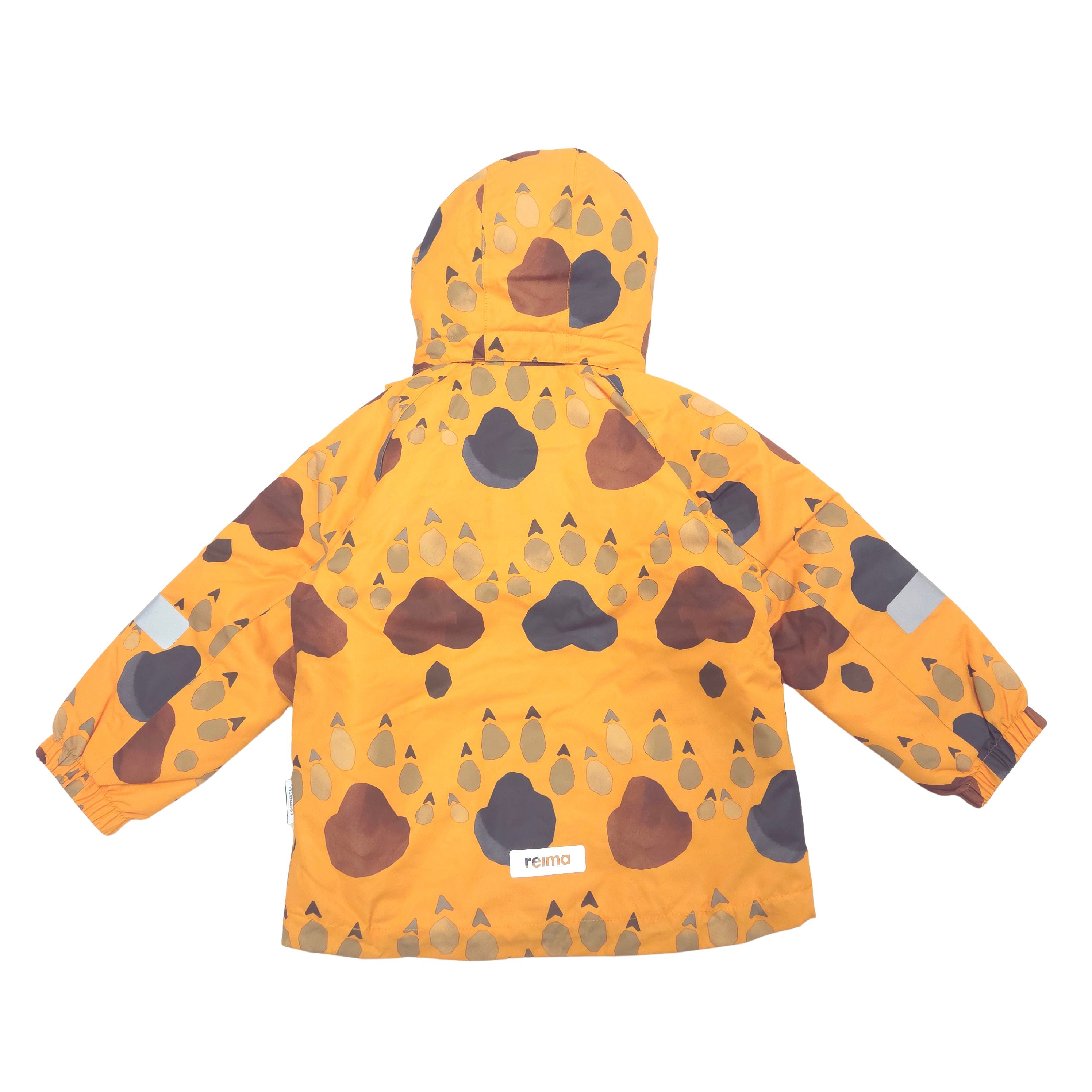 A yellow hooded children's winter jacket with an allover print of brown, gray, and beige animal footprint pattern, shown flat against a white background.
