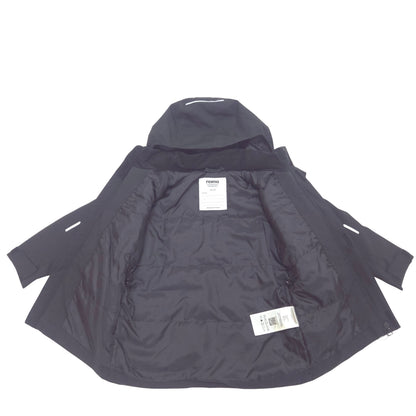 A black hooded winter jacket shown open against a plain white background, displaying its quilted interior lining and attached retail tags.