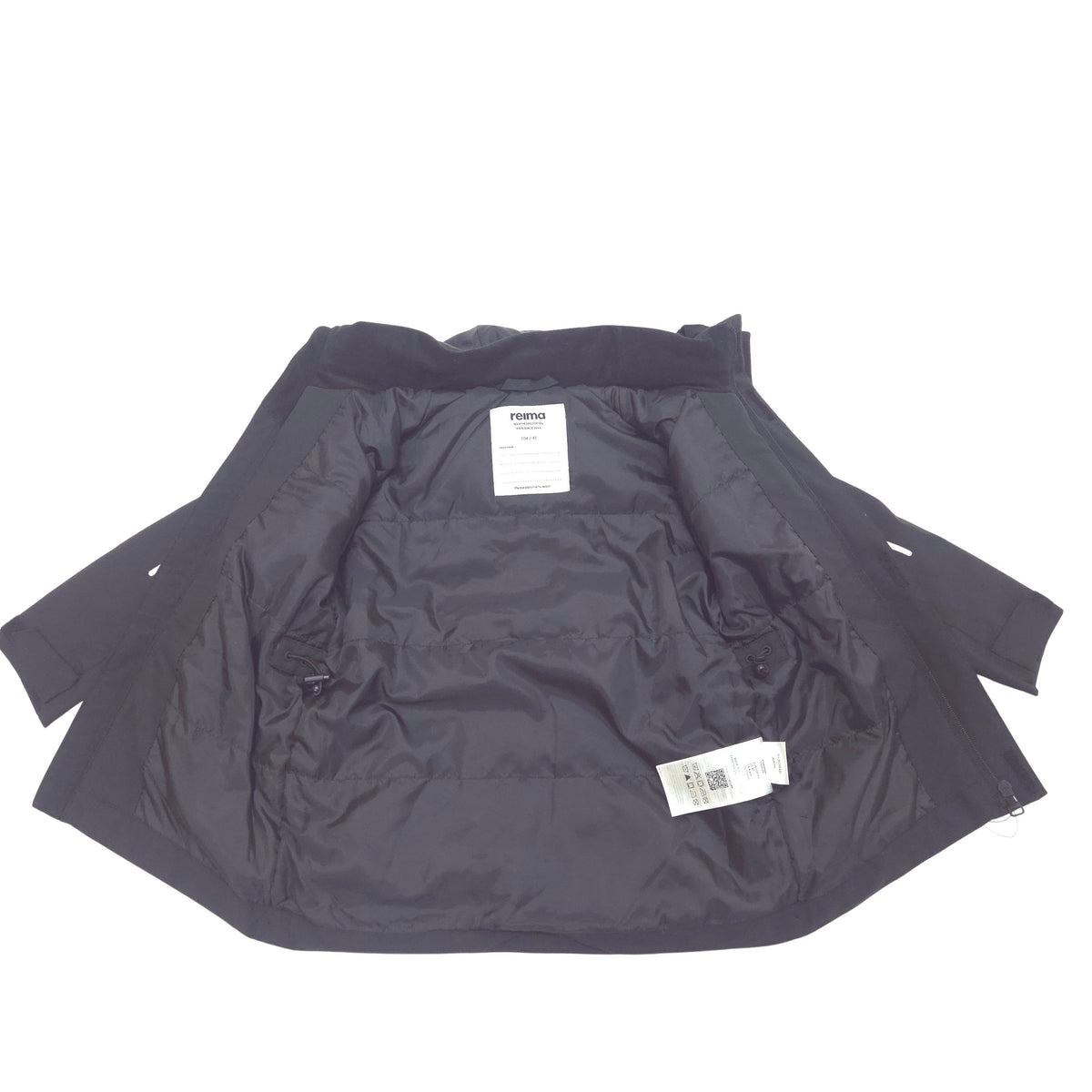 A black puffer jacket shown open, displaying its quilted interior lining and two white product tags, laid flat on a white background.