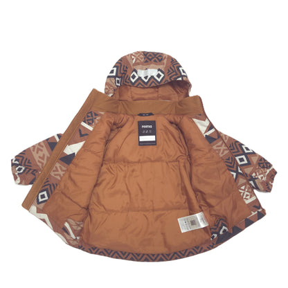 A hooded winter jacket with a brown, beige, and navy geometric pattern, laid flat against a white background shows inner lining