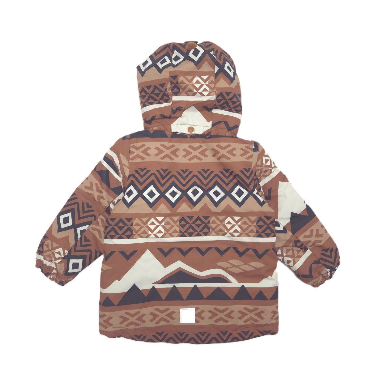 A hooded winter jacket with a brown, beige, and navy geometric pattern, laid flat against a white background back image