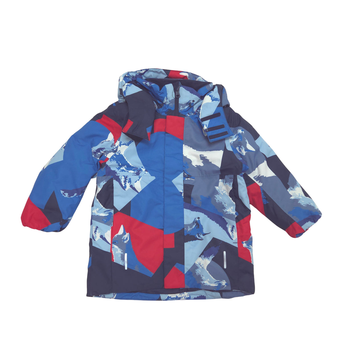 A hooded children's winter jacket with a bold geometric mountain pattern in shades of blue, navy, and red, displayed against a solid white background.