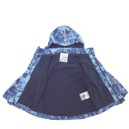 A blue hooded rain jacket laid flat on a white background with retail tags attached.