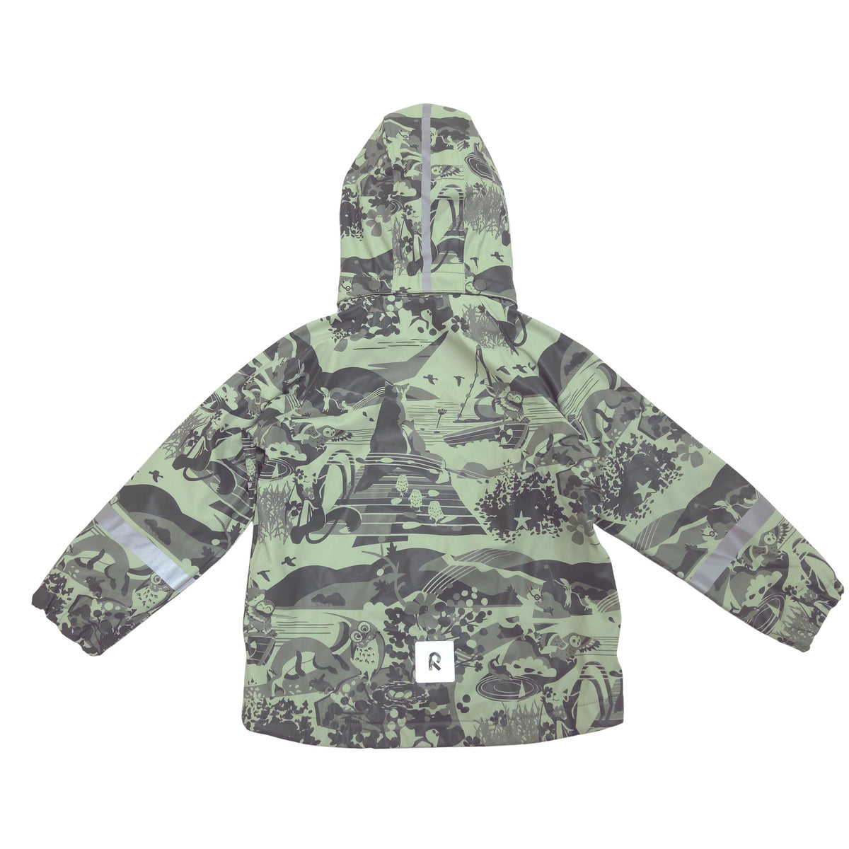 A hooded rain jacket with a light sage green and dark gray toile-style print featuring animals, and landscapes. It has reflective silver stripes on the sleeves.