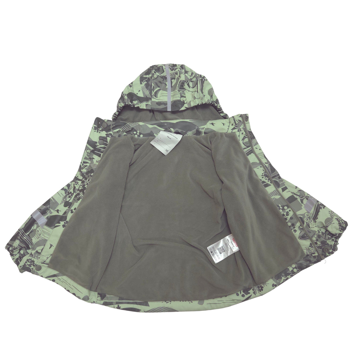 A hooded fleece lined rain jacket laid flat on a white background.