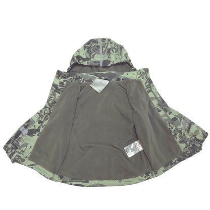A hooded fleece lined rain jacket laid flat on a white background.