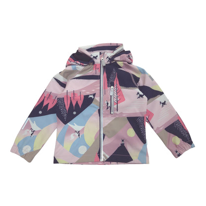 A hooded zip-up jacket with a colorful abstract landscape print featuring pink, purple, blue, beige, and black shapes, displayed flat against a white background.