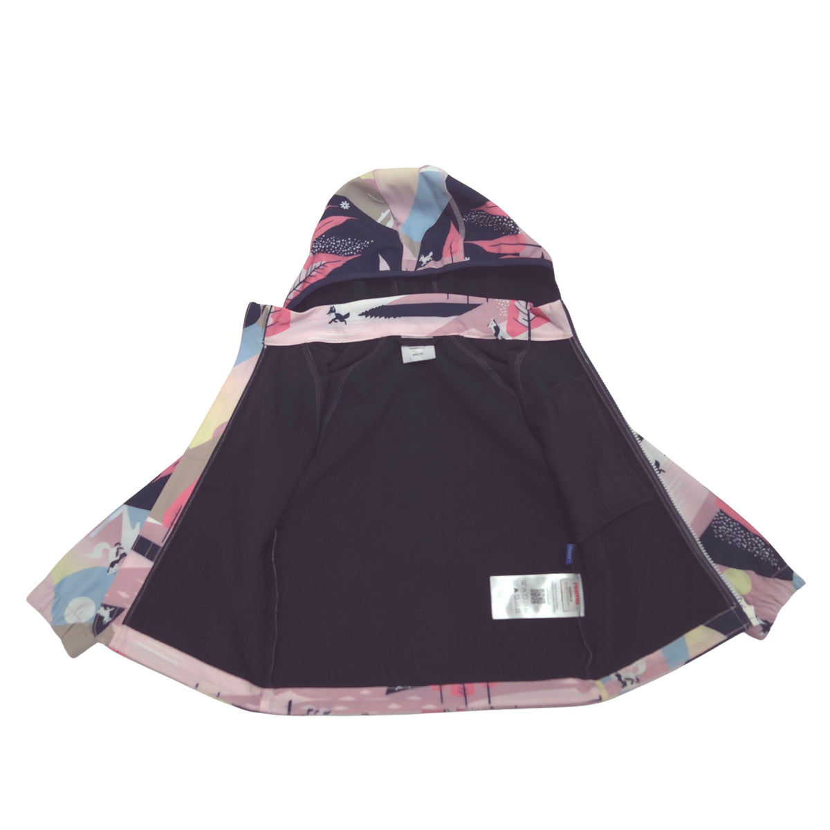 A hooded softshell jacket shown open against a plain white background, featuring a black interior.