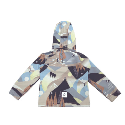 A hooded softshell jacket with an all-over abstract mountain and landscape print in muted beige, blue, brown, gray, and pale yellow tones, shown flat against a white background.