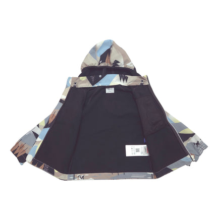 A hooded jacket laid flat on a white background, featuring a solid black lining.