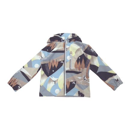 A hooded softshell zip-up jacket with a colorful abstract geometric pattern featuring mountain motifs, shown flat against a white background.
