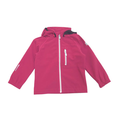 A pink softshell hooded jacket with a front zipper, a vertical zippered chest pocket, and reflective white details, shown against a plain white background.