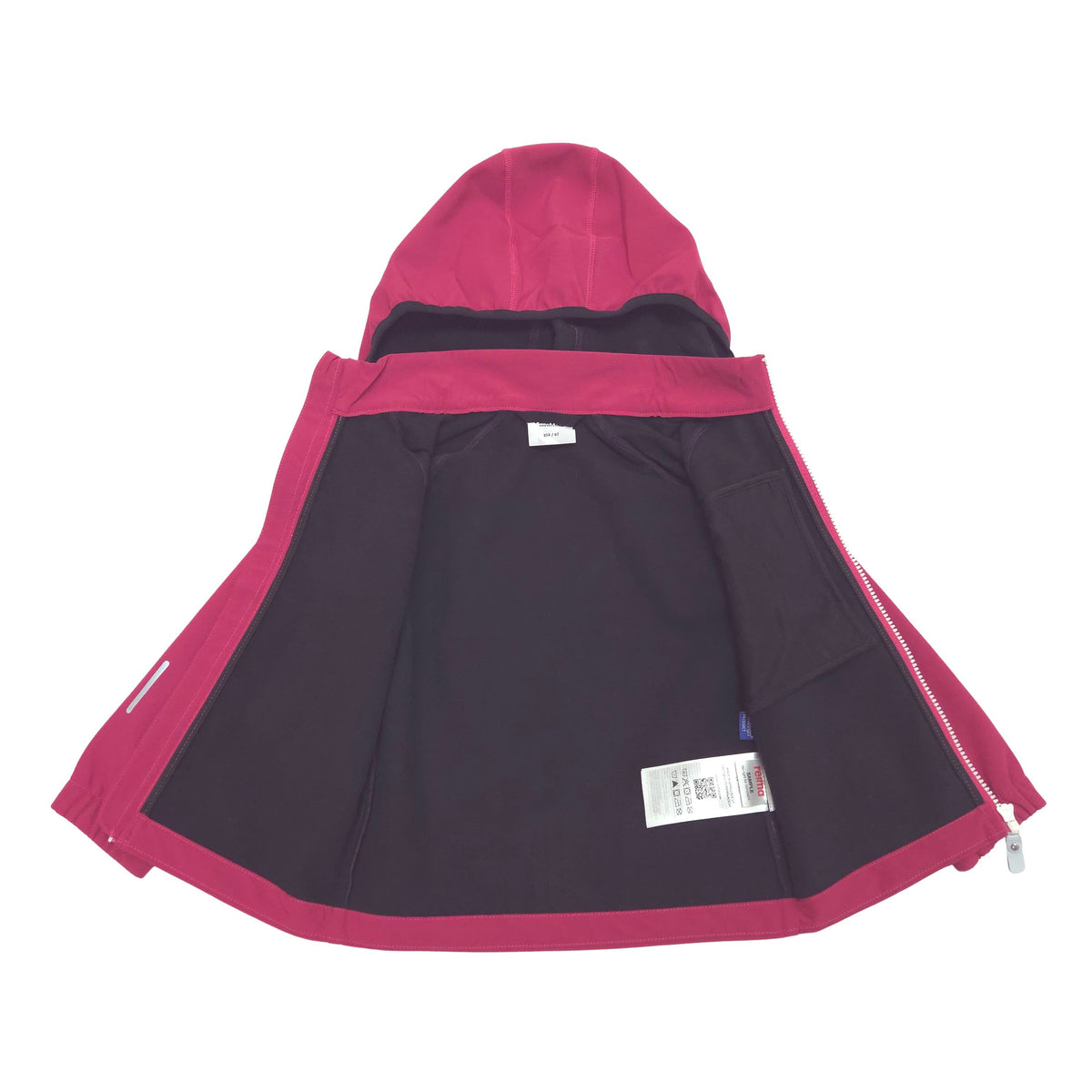 A hooded softshell jacket shown open against a plain white background.