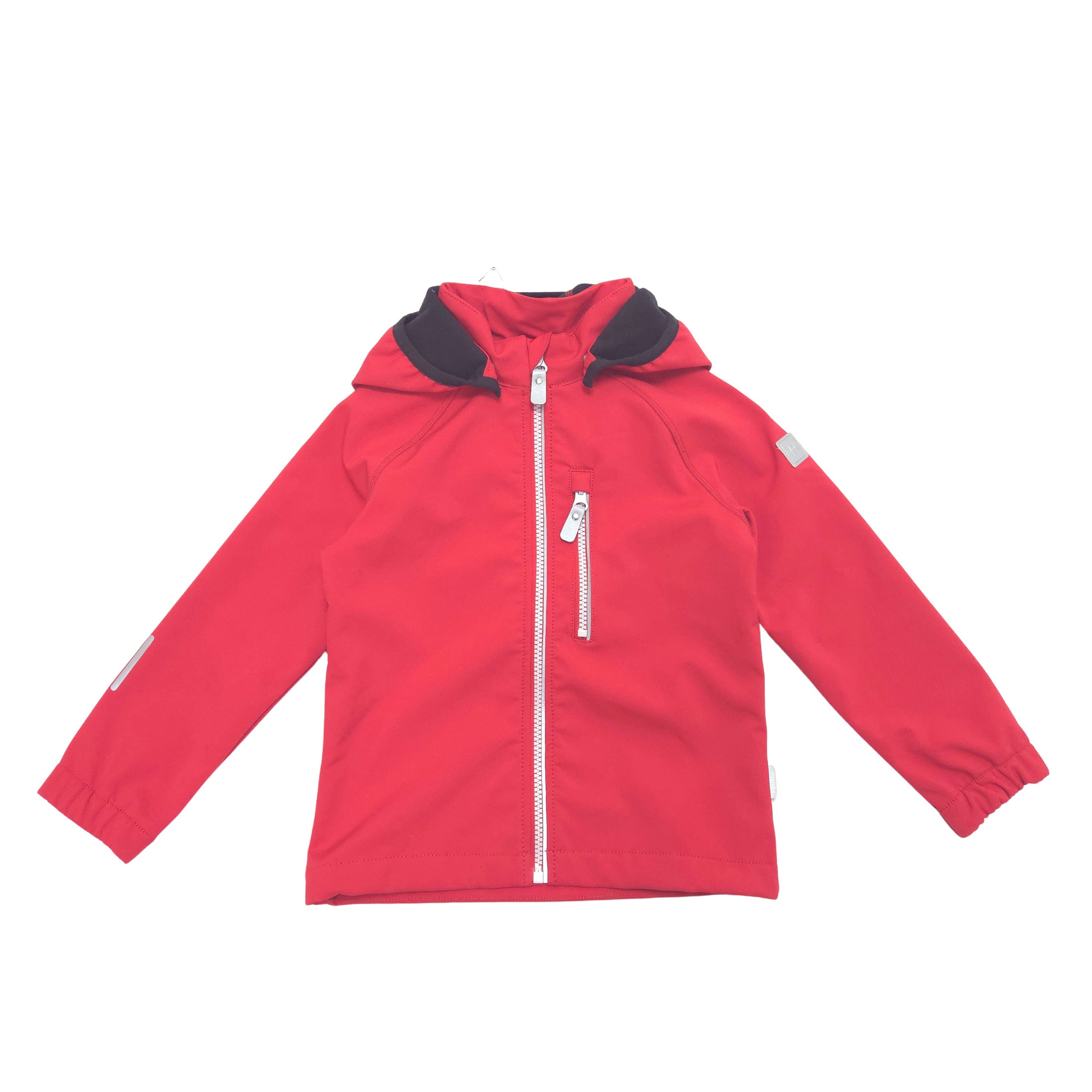 A red hooded softshell jacket with a black hood lining and white zippers, laid flat against a white background.