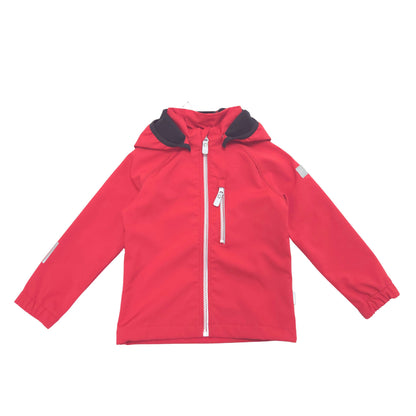 A red hooded softshell jacket with a black hood lining and white zippers, laid flat against a white background.