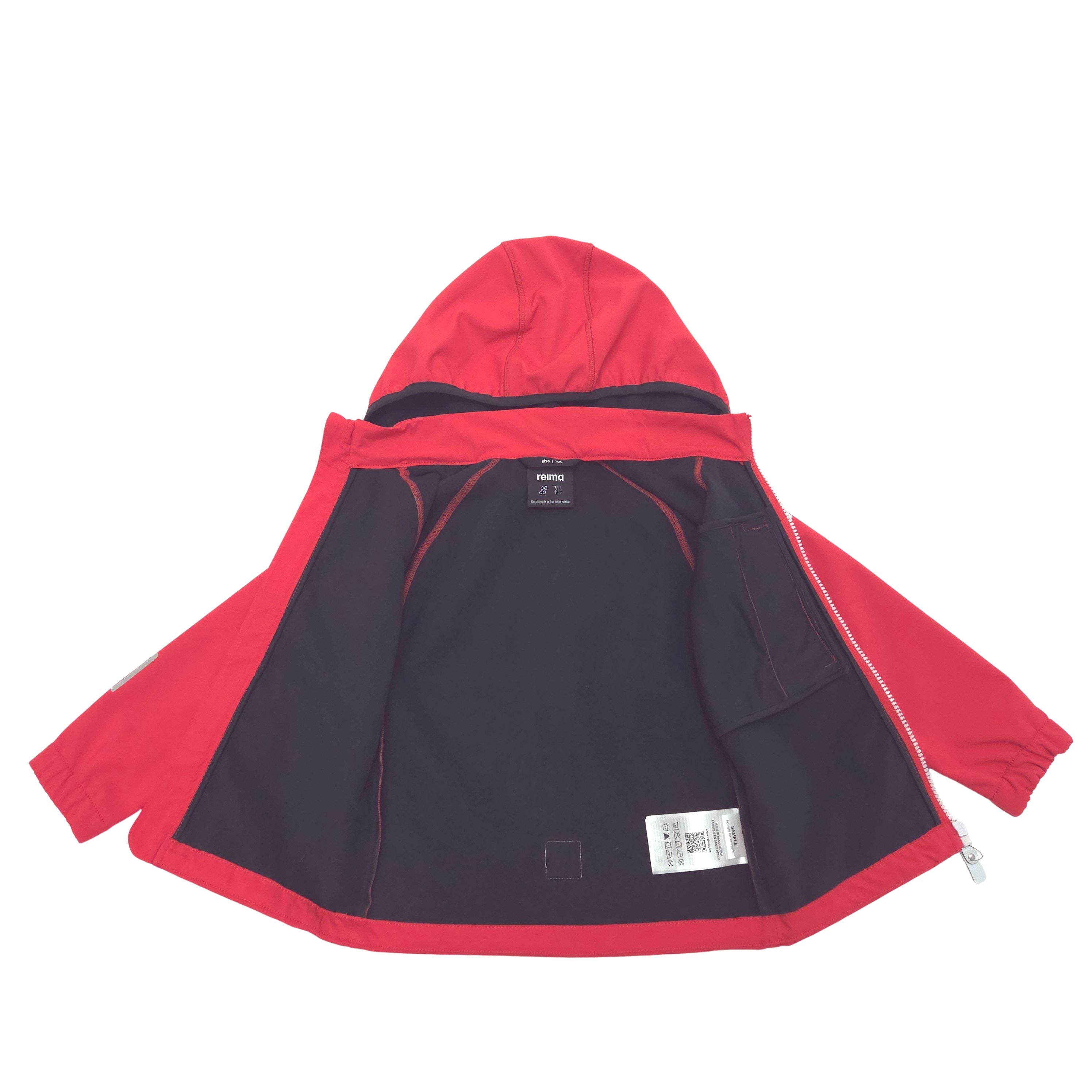 A red softshell hooded jacket shown inner black lining, laid flat on a white background. 