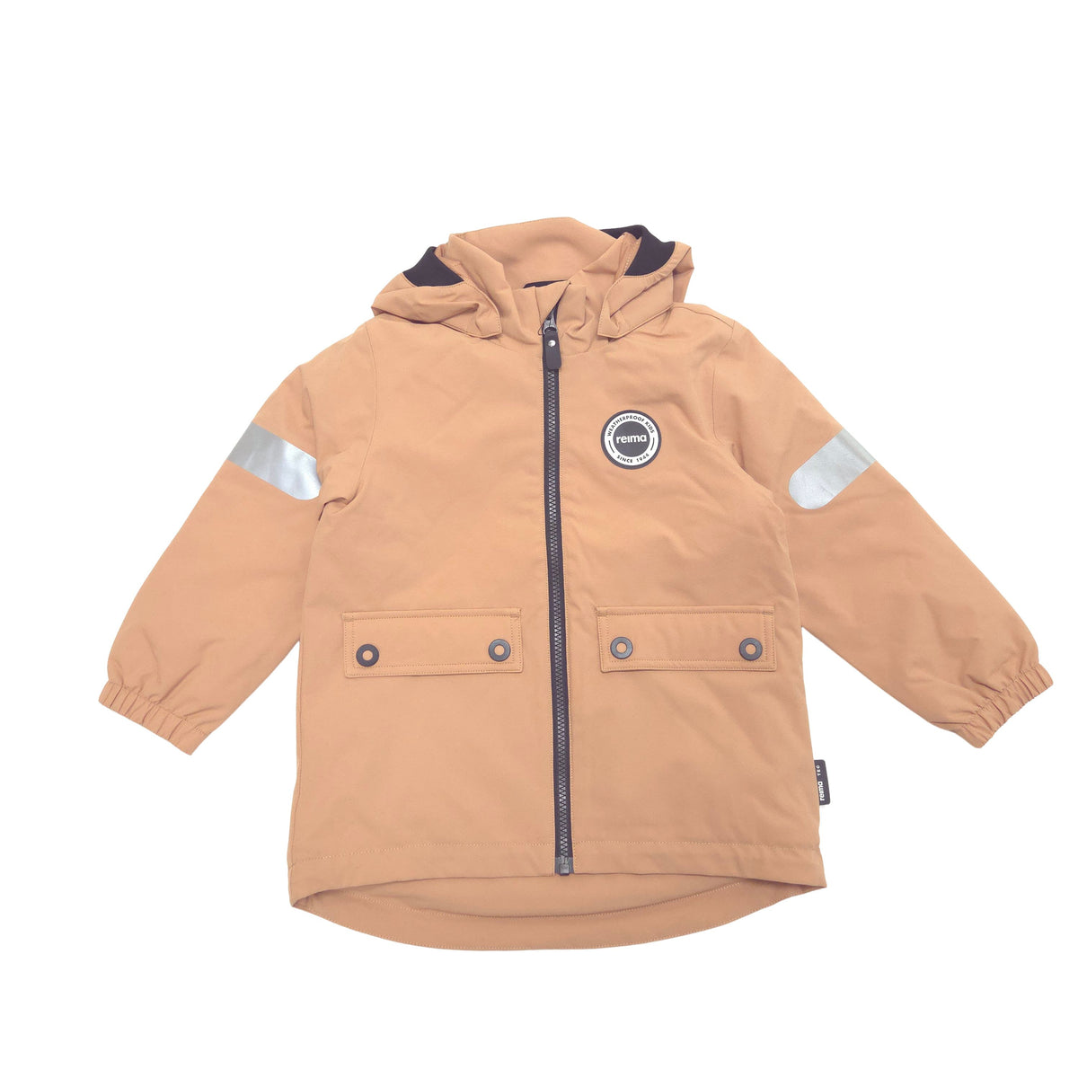 A shell hooded jacket in a warm tan color, featuring reflective silver stripes on the sleeves, a front zipper, and two buttoned flap pockets.