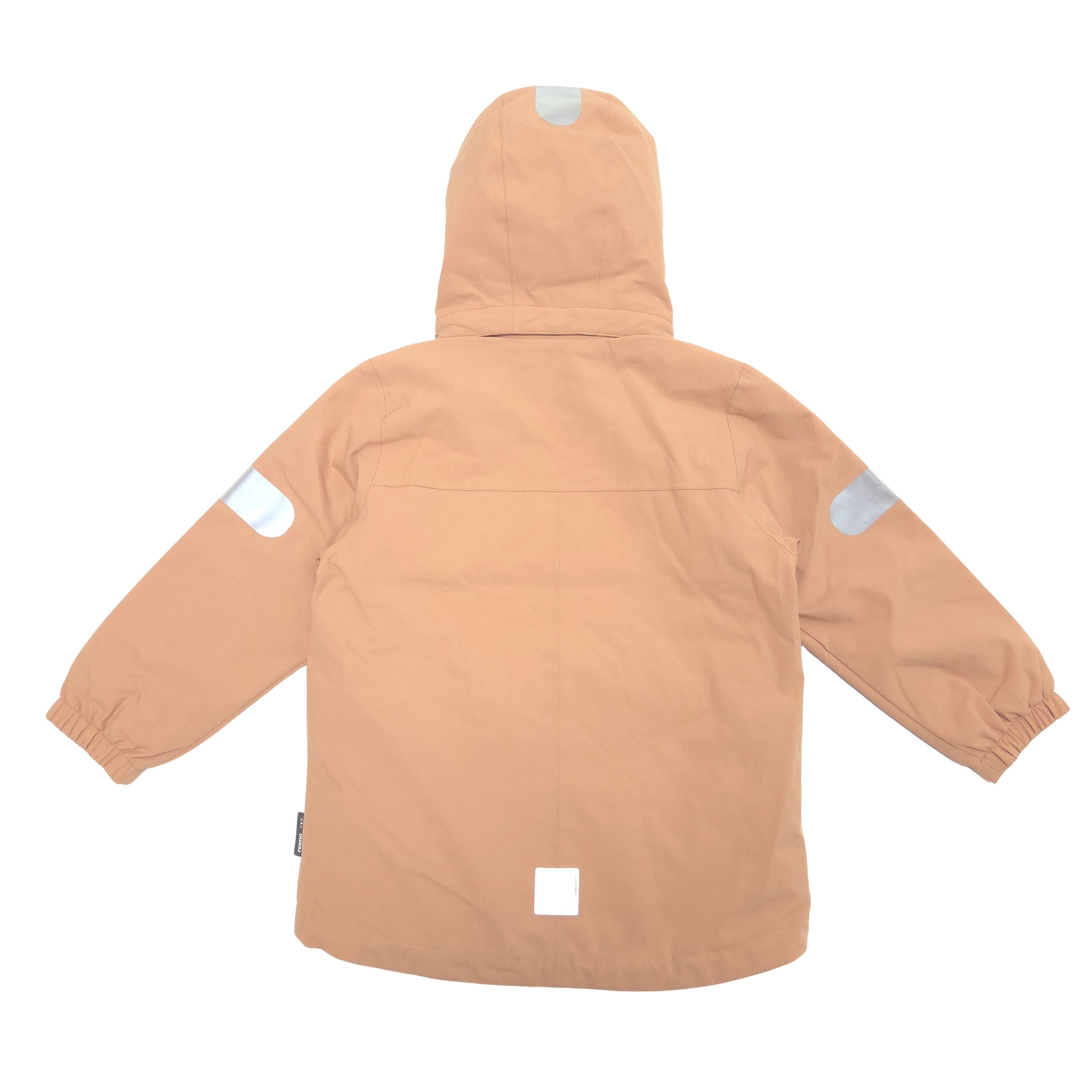 A light tan colored hooded jacket shown from the back, featuring reflective silver patches on the shoulders and a small square patch near the bottom hem.