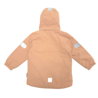 A light tan colored hooded jacket shown from the back, featuring reflective silver patches on the shoulders and a small square patch near the bottom hem.