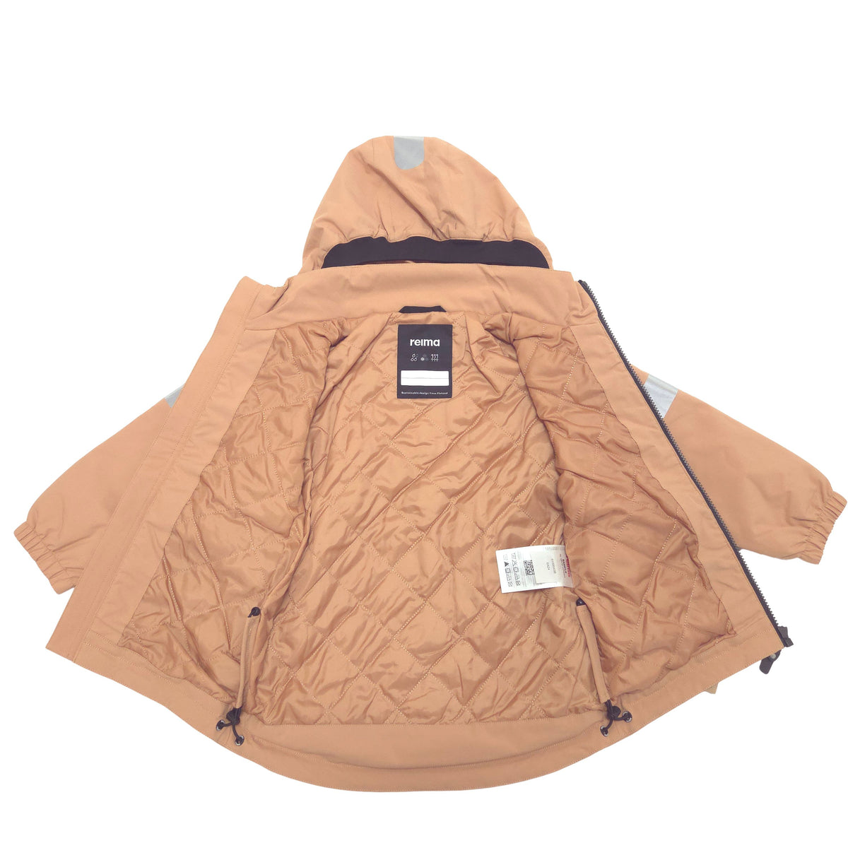 A tan shell hooded lined jacket shown open against a plain white background, displaying its quilted interior lining and black zipper details.