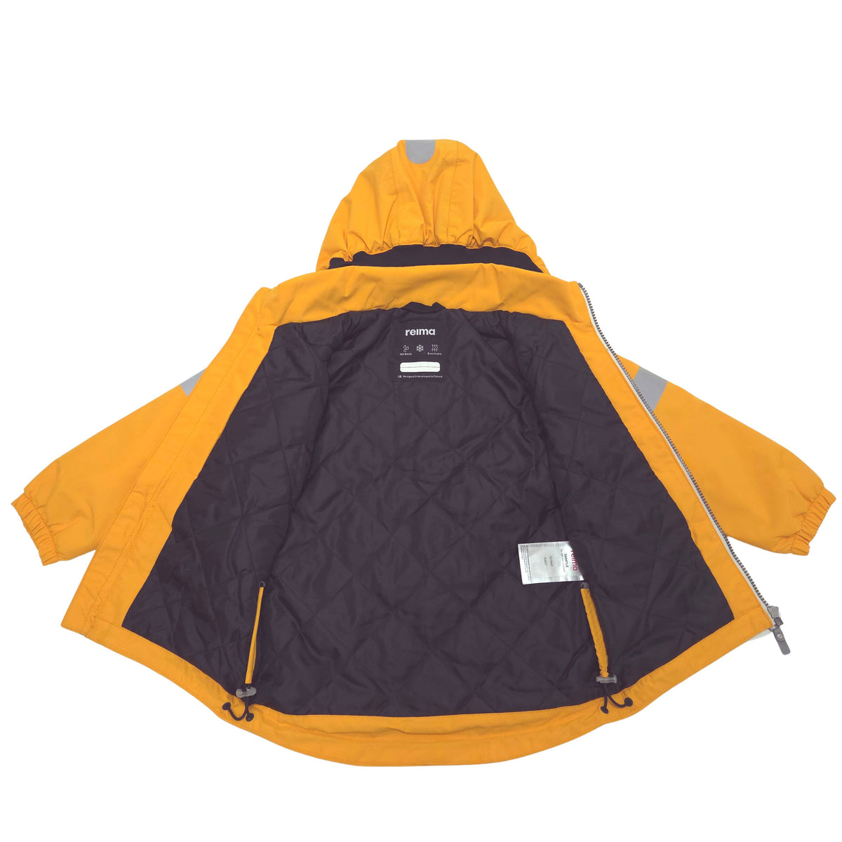A yellow hooded jacket shown flat against a white background, with a quilted black interior lining and reflective gray details on the sleeves.