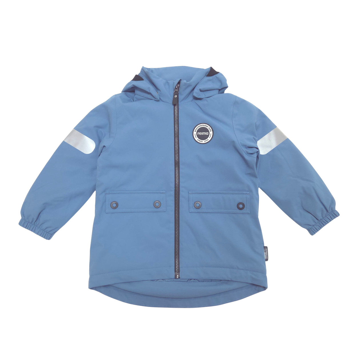 A light blue hooded jacket, featuring a front zipper, two snap flap pockets, reflective white stripes on the sleeves, and a circular logo patch on the left chest.