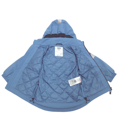 A light blue hooded jacket shown open from the back, featuring a quilted interior lining, a black collar lining, and white product tags attached.