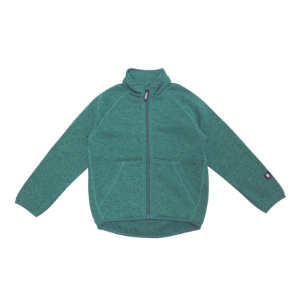 A kids' teal green heathered fleece zip-up jacket with a stand-up collar, front zipper, and two front pockets, shown flat on a white background.