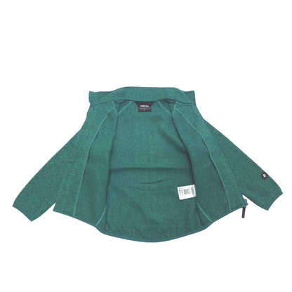 A green fleece jacket laid flat against a white background, showing its interior lining, collar, and a small brand tag on the sleeve.