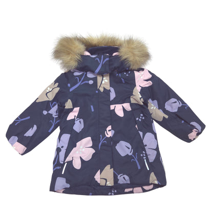 A children's winter parka jacket in navy blue with a floral pattern in pink, purple, and beige, featuring a faux fur trimmed hood, shown against a plain white background.