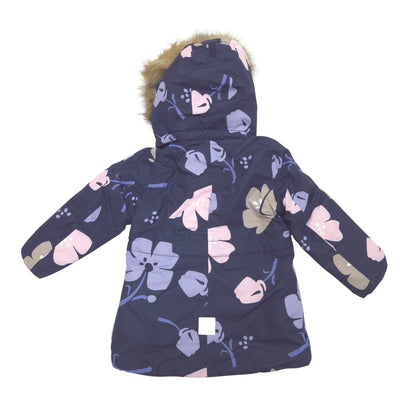 A navy blue children's puffer jacket with a floral print in pink, purple, and beige, featuring a brown faux-fur trimmed hood, shown against a plain white background.