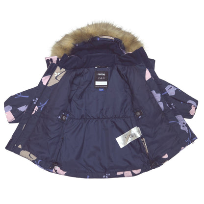A navy blue children's puffer jacket with a faux fur hood trim and a pastel abstract print, shown flat on a white background.