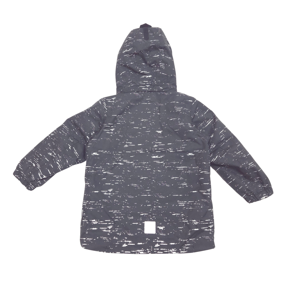 A black hooded jacket with a white distressed and reflective pattern, shown from the back against a plain white background.