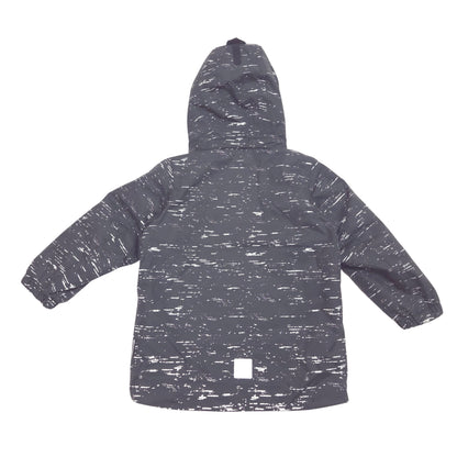 A black hooded jacket with a white distressed and reflective pattern, shown from the back against a plain white background.